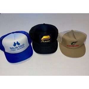 Vtg Lot 3 Trucker Snapback Fishing Hats Plano Mustard Hooks  A55‎